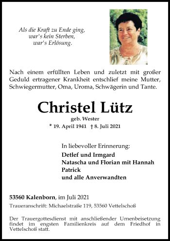 Traueranzeigen von Christel Lütz rz trauer de