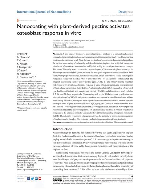 PDF Nanocoating With Plant Derived Pectins Activates Osteoblast