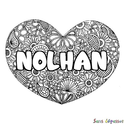 Coloriage prénom NOLHAN décor Mandala coeur Sans Dépasser