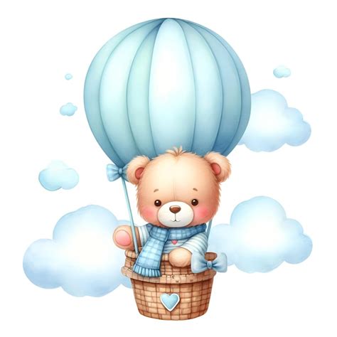 Premium Photo Watercolor Illustration Of Cute Teddy Bear In A Hot Air Balloon With Cloud