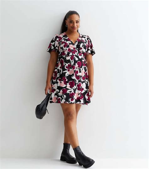 Curves Black Floral Wrap Mini Dress New Look