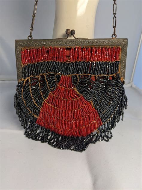 Antique Victorian Reticule Purse Beaded Red Black Me Gem