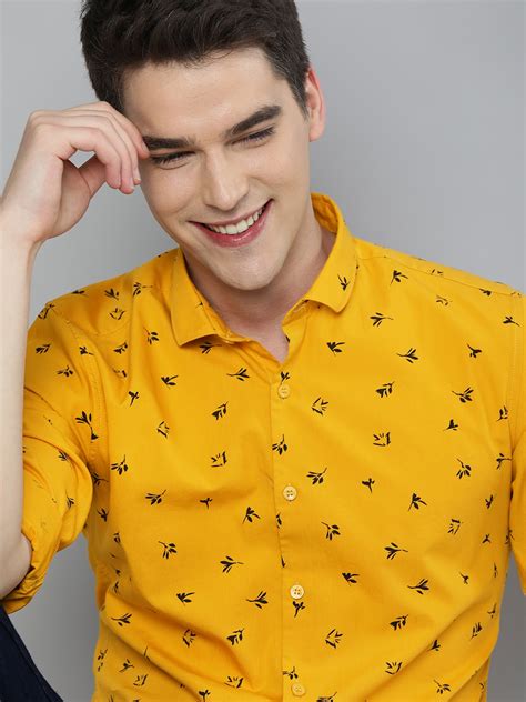 Buy Mast Harbour Men Mustard Yellow Black Regular Fit Printed