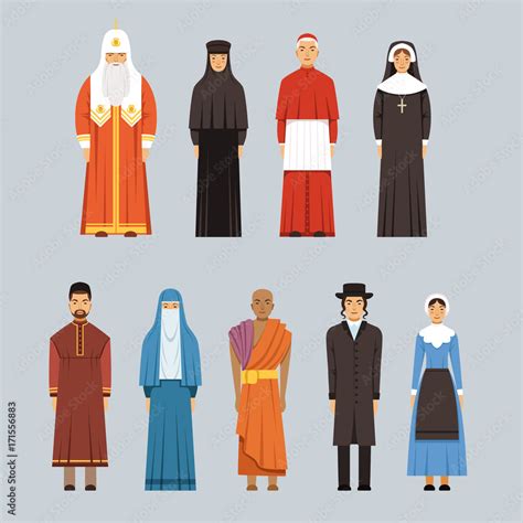 Religion people set, men and women of different religious confessions in traditional clothes ...