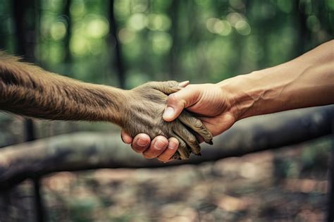 Mano humana dándose la mano con mono Foto Premium