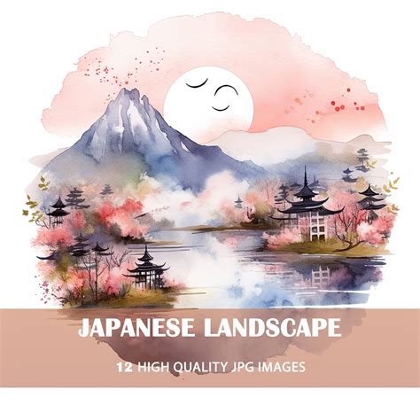 Japanese Landscape Clipart, Watercolor Art, Digital Download, Mixed ...