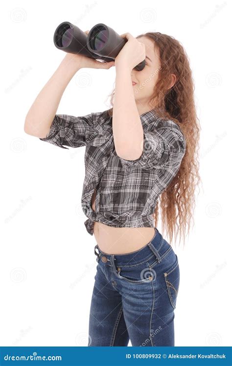 Jeune Fille De Sourire Attirante Avec Des Jumelles Photo Stock Image