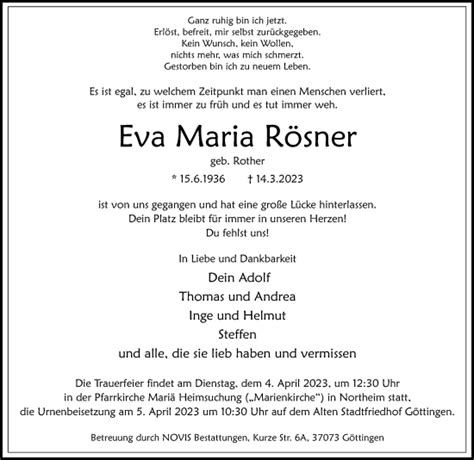 Traueranzeigen Von Eva Maria R Sner Trauer Anzeigen De