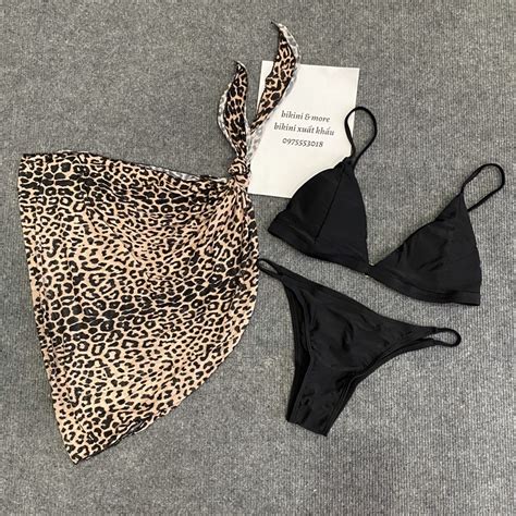 BKN SET BIKINI MÓN ĐEN KÈM KHĂN HÔNG BEO BIKINI MORE BIKINI XUẤT KHẨU