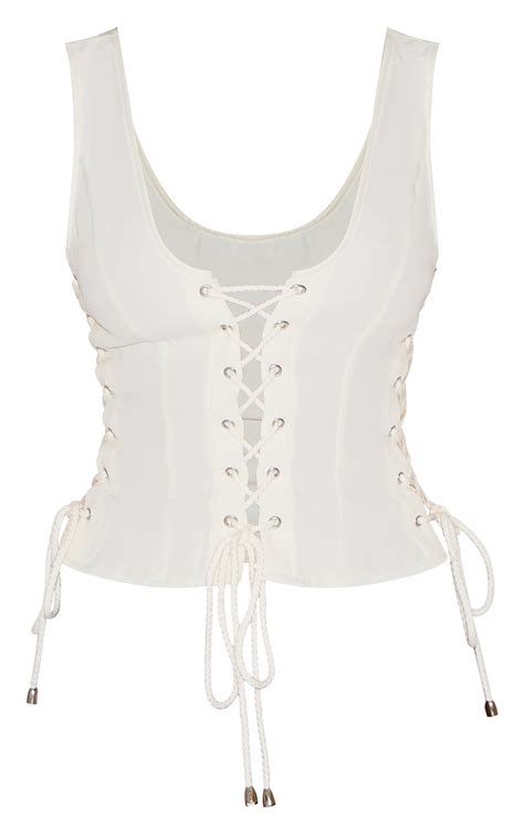 Cream Woven Lace Up Detail Plunge Sleeveless Top Tops Prettylittlething