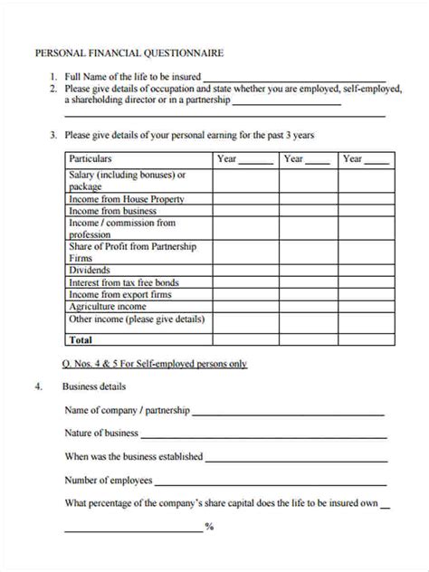 Free Financial Questionnaire Forms In Pdf Ms Word