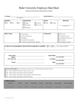 Fillable Online Rider Employee Data Form Rider University Rider Fax