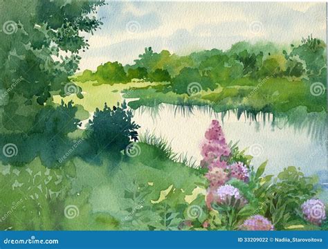 Watercolor Landscape Collection Near The River Stock Illustration