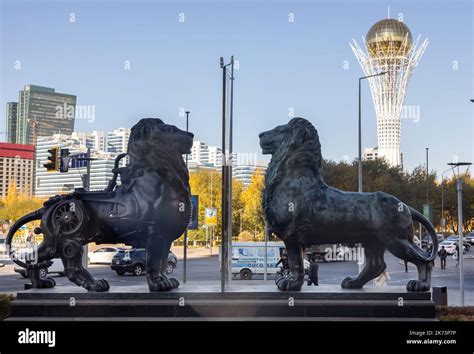 October Astana Republic Of Kazakhstan Sculpture Of Two Lions