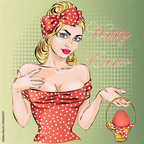 Happy Easter Pin Up Woman With Egg Sexy Wife Vector Stock Vektorgrafik Adobe Stock