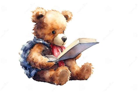 Cute Teddy Bear Reading A Book In Watercolor Design Stock Illustration