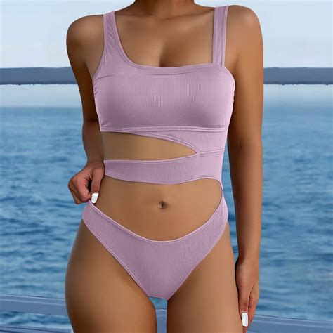 Women S Summer Fashion Suspender Waist Hollow One Swimsuit Solid Color Sexy Bikini Swimsuit