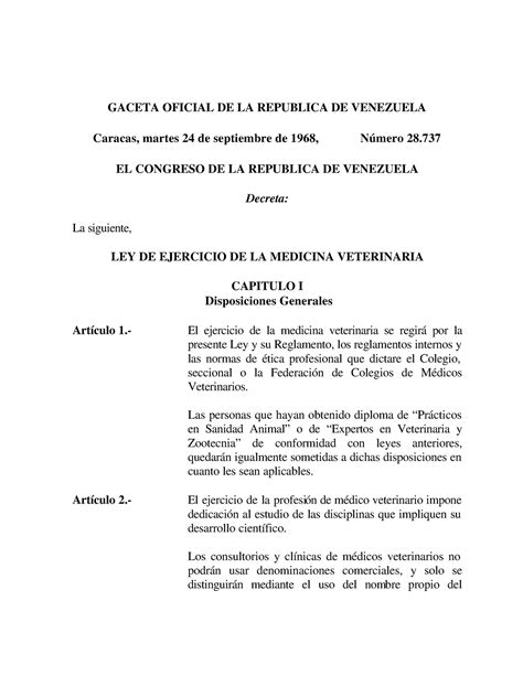 Ley De Ejercicio De La Medicina Veterinaria GACETA OFICIAL DE LA