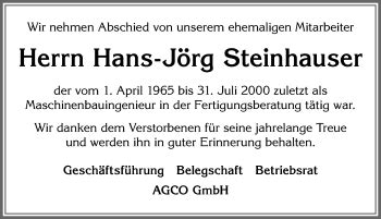 Traueranzeigen Von Hans J Rg Steinhauser Allg Uer Zeitung