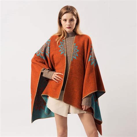 Châle Poncho Femme Orange Poncho Bohème