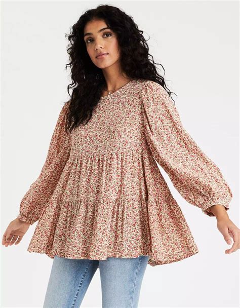 Ae Printed Tunic Babydoll Top