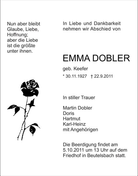 Traueranzeigen Von Emma Dobler ZVW Trauer