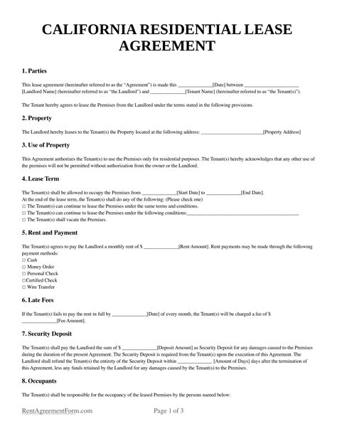 Free California CA Rental Lease Agreement Form PDF