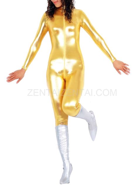 Golden Shiny Metallic Front Open Unisex Catsuit