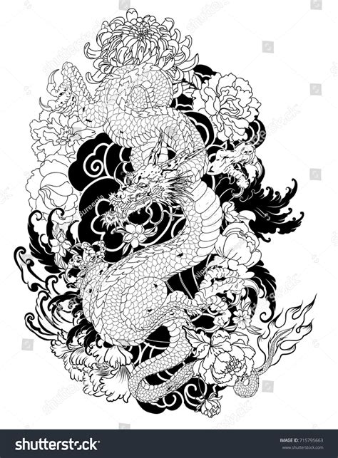 Hand Drawn Dragon Tattoo Coloring Book Japanese Royalty Free Stock Vector 715795663