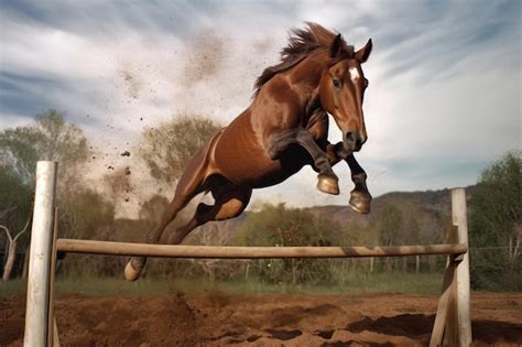 Closeup Of Horse Jumping Over Hurdle Dirt Flying Premium Ai Generated