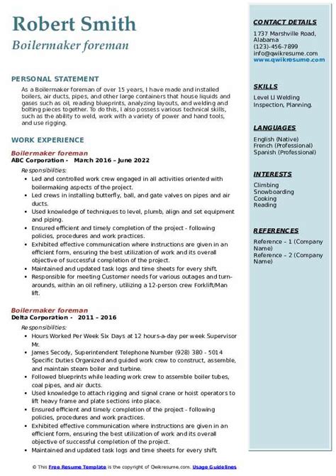 Boilermaker Foreman Resume Samples Qwikresume