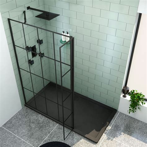 Milan Wet Room Shower Screen Matt Black Grid With Flipper Panel 8mm