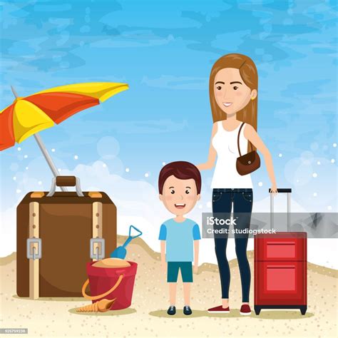 Ibu Dengan Anak Di Pantai Ilustrasi Stok Unduh Gambar Sekarang Alam