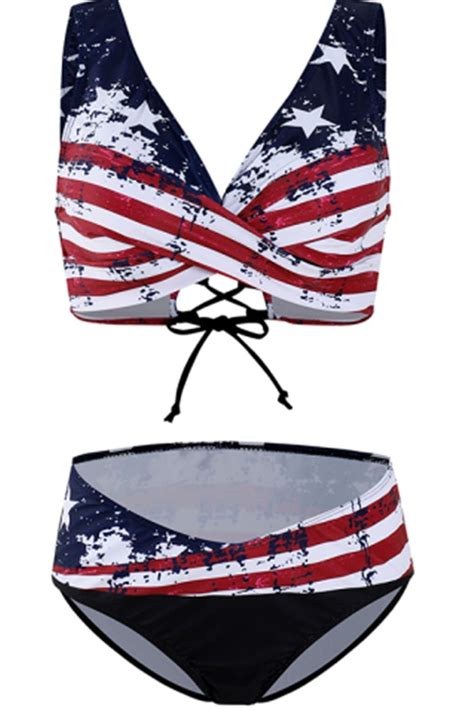 Womens American Flag Bikini Set Twist Push Up V Neck Knot 4th Of July