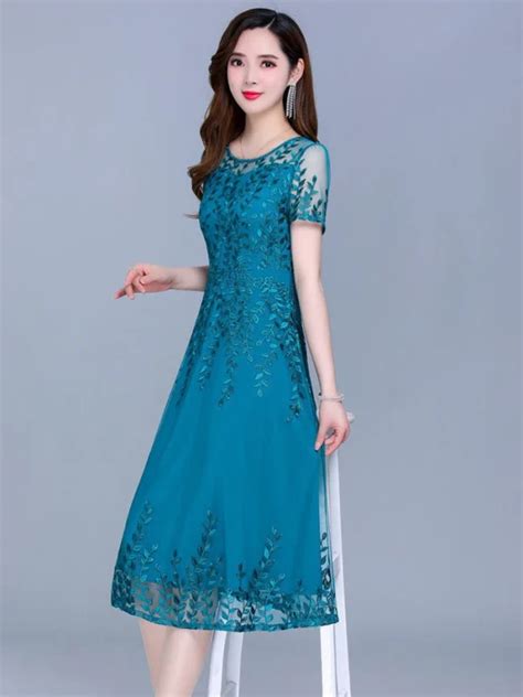 Blue Casual Chiffon Mesh Korean Long Dress Summer Women 2023 New Tunics