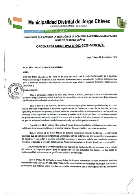 Ordenanza Municipal N N 002 2023 MDJCH A CREACIÓN DE LA COMISION