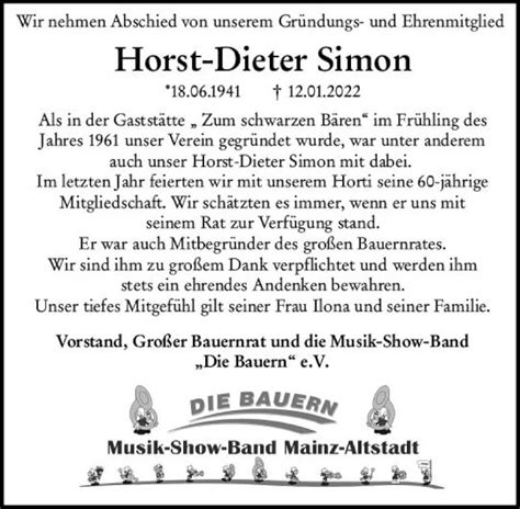 Traueranzeigen Von Horst Dieter Simon Vrm Trauerde