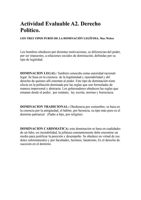 Actividad Evaluable A Derecho Pol Tico Los Tres Tipos Puros De La