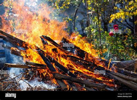 Big Bonfire Made Of Boards Beautiful Fire Stock Photo Alamy