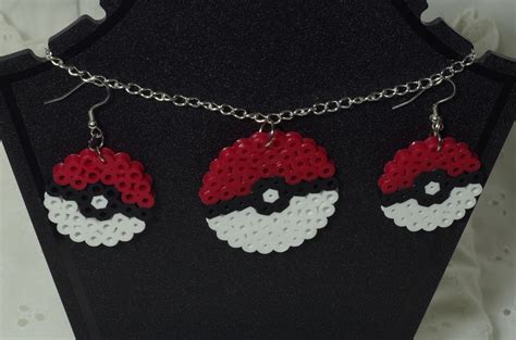 Perler Bead Pokeball Earrings And Necklace Set Necklace Perler Beads Beaded Necklace