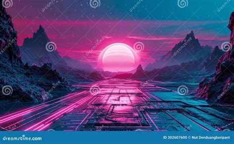 Cyberpunk Sunset Landscape With A Car On A Highway Road In Futuristic