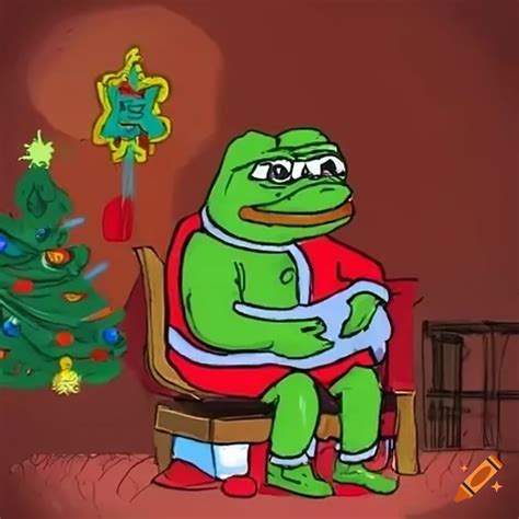 Christmas Themed Pepe The Frog Sitting By The Tree