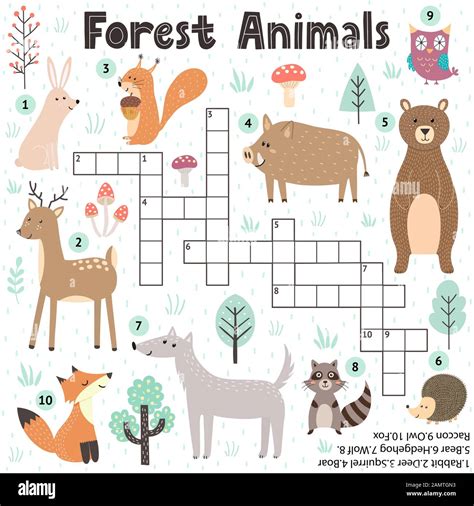 Jeu de mots croisés pour les enfants avec des animaux de forêt mignons