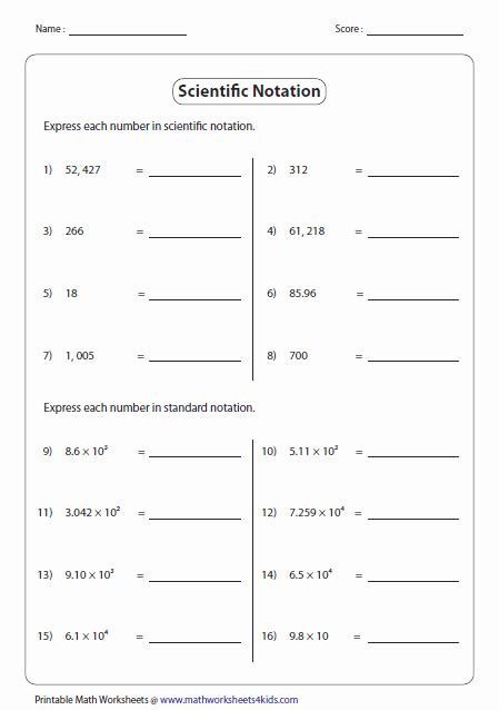 Scientific Notation Operations Worksheets