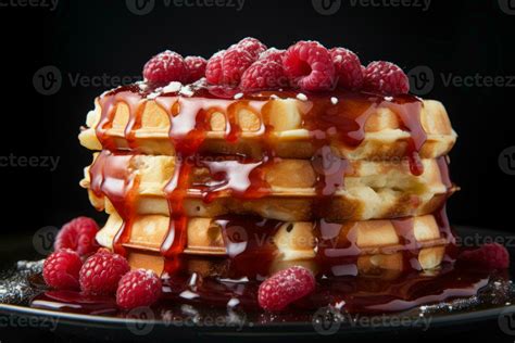 A Stack Of Waffles With Syrup And Raspberries Generative Ai 28377209