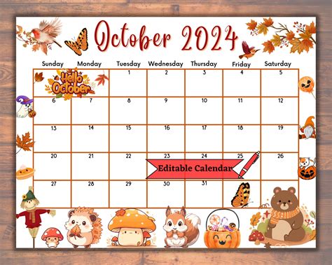 Editable Fillable October 2024 Calendar For Autumn Fall Happy