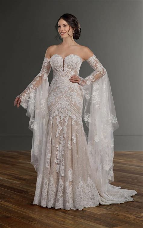 Bohemian Lace Fit And Flare Wedding Dress With Detachable Bell Sleeves