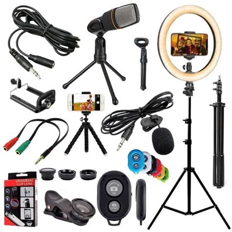 Kit Youtuber Microfone Lapela Mesa Trip Iluminador Ring Light Anel Led