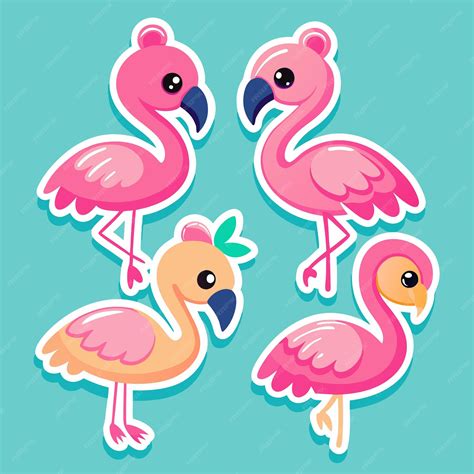 Four Cute Cartoon Pink Flamingos On A Teal Background With Big Eyes And Long Necks Premium Ai