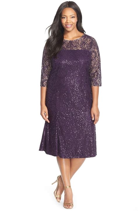 Alex Evenings Sequin Lace Tea Length Dress With Illusion Yoke And Sleeves